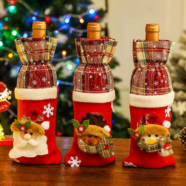 3 styles of grid pattern linen wine bottle covers, Christmas decoration wine bottle bags, classic Christmas elements