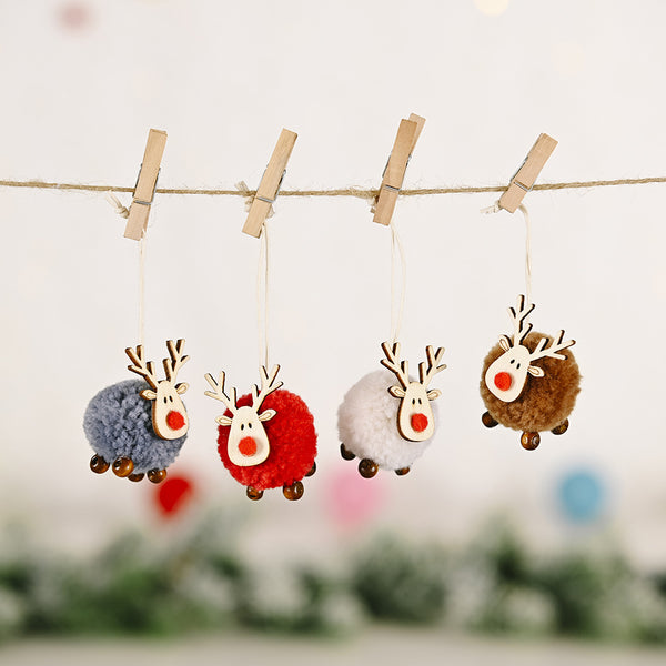 4 Styles Wooden Wool Reindeer Plush Elk Ornaments, Christmas Tree Wooden Plush Elk Pendant, Holiday Wooden Elk Ornaments