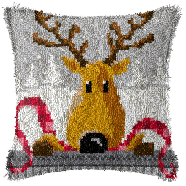 Crochet Kit Pillow Christmas Elk Bear Socks Crochet Yarn Mat Colorful Pre-printed Canvas Rug Needlework DIY Pillowcase Hook and Lock Kit Sofa Decoration 43x43cm/16X16 inches