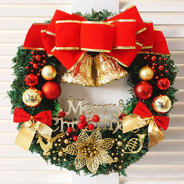 Metal Christmas wreath with big red bow bells and balls, Christmas party decoration