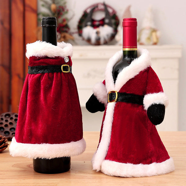 2 styles of Christmas wine bottle sets black wine bottle dress dress with belt set Christmas champagne bottle decorations [red pink]