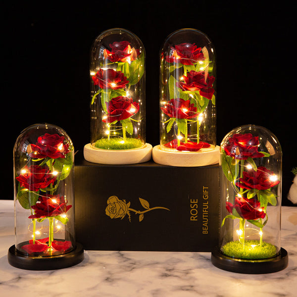 Valentine's Day Red Rose Flower Gift Glass Dome LED Light Preserved Rose