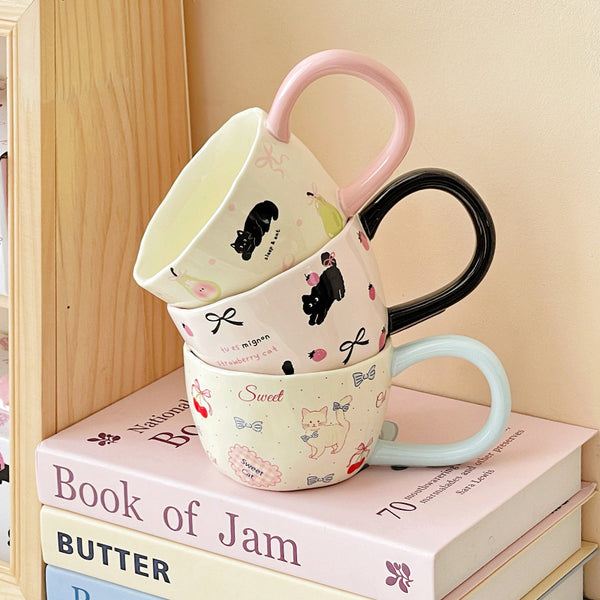 Pink cat mug, unique cat tea cup for cat lovers, creative handmade ceramic coffee cup,