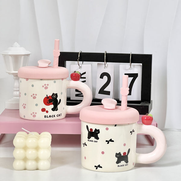 Cat with Straw Girly Heart Mug 13.4 Ounces Ceramic Tea and Coffee Cup Cute Mug Birthday Gift (Pink)