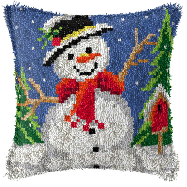 Crochet Kit Pillow Christmas Snowman Crochet Yarn Cushion Colorful Pre-printed Canvas Rug Needlework DIY Pillowcase Hook and Lock Kit Sofa Decoration 43x43cm/16X16 Inch