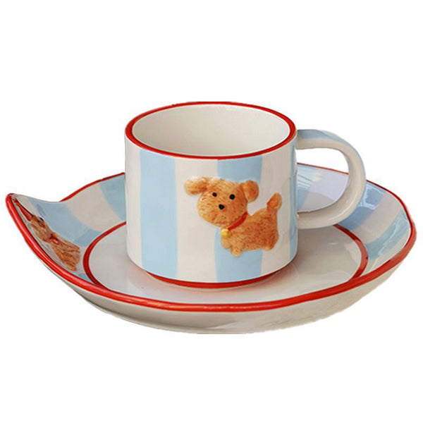 Coffee Cup with 8 Inch Saucer, Blue Striped Puppy Ceramic Tea Cup, Dessert Saucer Set, Animal Coffee Saucer Set, (Blue, 12 Ounces) (12 Ounces Cup)