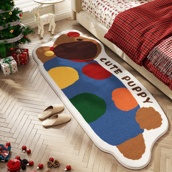 Retro puppy shaped imitation cashmere bedroom bedside blanket household long strip floor mat living room room thickened sofa carpet, non-slip washable floor mat beige