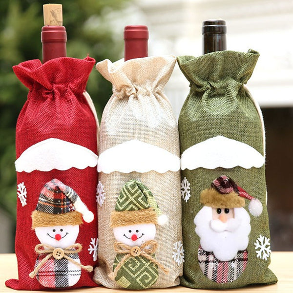 Christmas decorations linen snowman elk Santa Claus cartoon drawstring red wine bottle cover champagne bottle cover 4 styles