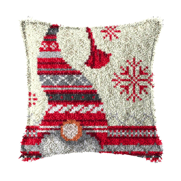 Crochet Kit Pillow Christmas Hat Crochet Yarn Cushion Colorful Pre-printed Canvas Rug Needlework DIY Pillowcase Hook and Lock Kit Sofa Decoration 43x43cm/16X16 Inch