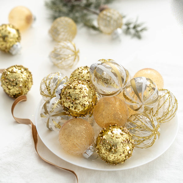 2.3 Inch Clear Champagne Christmas Ball Ornament Set, 25 Pieces Luxury Hand Painted Christmas Tree Decorations