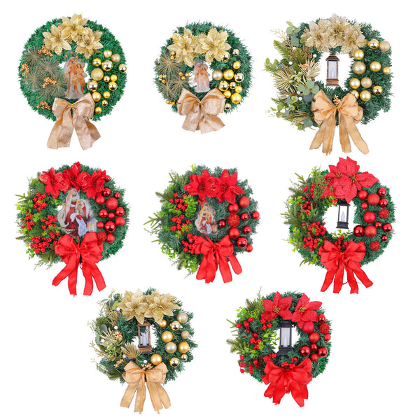 Holy Family Wreath Ornament Nativity Scene Decoration with Jesus Statue Berry Bow Tie