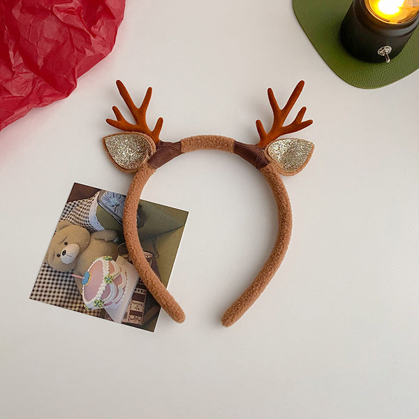 Christmas Headband Christmas Elk Horn Pom Pom Bell Headband Cute Christmas Hairband (Red and Brown)